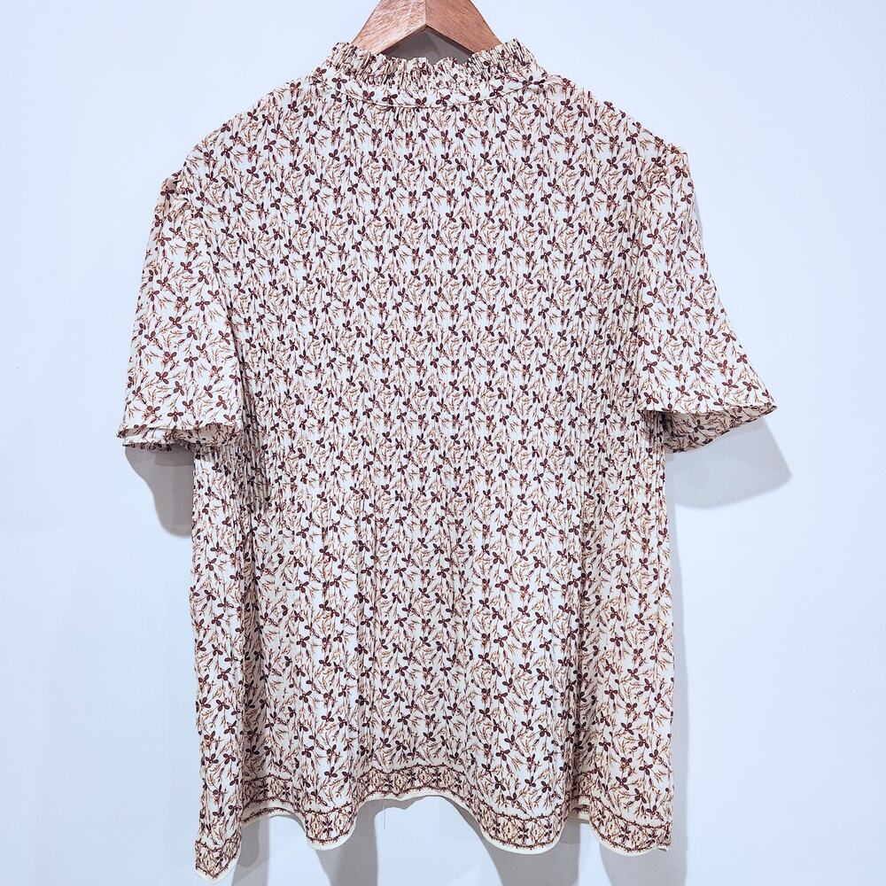 Max Studio Ivory Floral Wrinkled Tied Ruffle Neck Blouse Size Large Boho Career - Picture 5 of 11